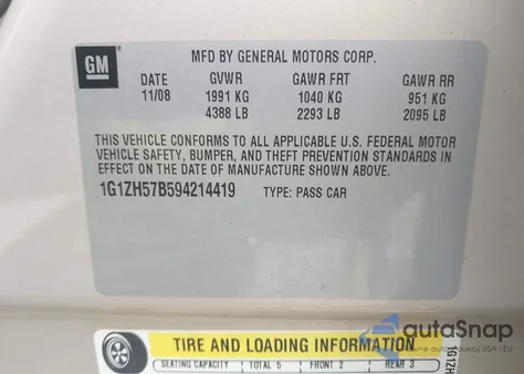 2009 Chevrolet Malibu Lt z USA, uszkodzony, nr VIN 1G1ZH57B594214419